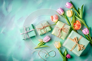 Spring tulip flowers, gift boxes on blue background top view in flat lay style. Greeting concept