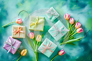 Spring tulip flowers, gift boxes on blue background top view in flat lay style. Greeting concept