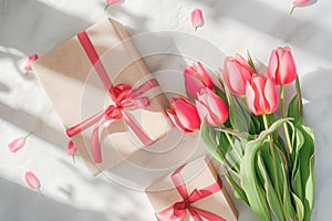 Spring tulip flowers, gift boxes on color background top view in flat lay style. Greeting concept