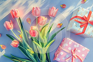 Spring tulip flowers, gift boxes on color background top view in flat lay style. Greeting concept