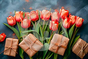 Spring tulip flowers, gift boxes on color background top view in flat lay style. Greeting concept