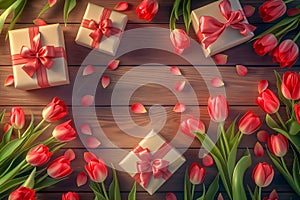 Spring tulip flowers, gift boxes on wood background top view in flat lay style. Greeting concept