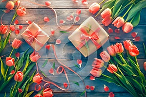 Spring tulip flowers, gift boxes on wood background top view in flat lay style. Greeting concept