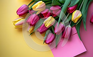 Spring tulips bouquet with colorful note on rustic wooden background