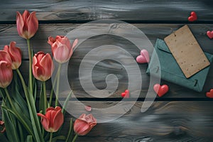 Spring tulips bouquet with empty note on rustic wooden background