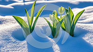 Spring tulips emerging from snow, garden, sunlight