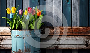 Spring Tulips Rustic Wood Barn Plank Background Easter Mother's Day Generative AI