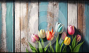 Spring Tulips Rustic Wood Barn Plank Background Easter Mother's Day Generative AI