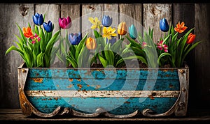 Spring Tulips Rustic Wood Barn Plank Background Easter Mother's Day Generative AI