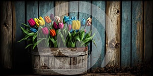 Spring Tulips Rustic Wood Barn Plank Background Easter Mother's Day Generative AI