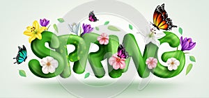 Spring typography vector concept design. Spring 3d text in green realistic patterns with leaves, flowers and butterflies nature.