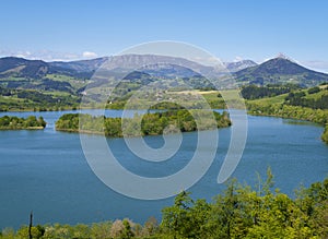 Spring in the Urkulu reservoir. Urkulu reservoir with Orixol mountain in the background, Euskadi photo