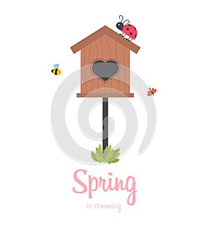 Spring vector card with wooden birdhouse. Isolated on white background bird box