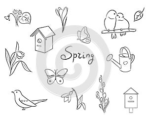 Spring vector doodle set with birds, flowers, butterfly, birdhouse, watering can. Spring graphic elements drawings