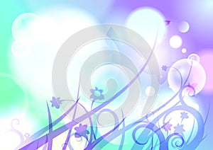 Spring vector fantasy background with butterflies, flowers and bokeh lights backdrop