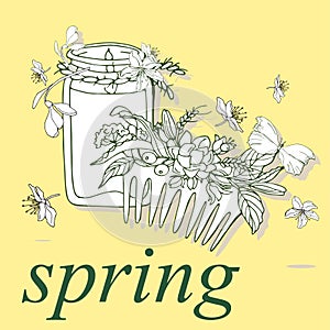 Spring vector illustration of comb and scented candles,text