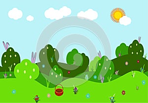 Spring vector landscape. Illustration with bushes, hills with flowers, bunny ears and colorful eggs, sky, green grass. Festive