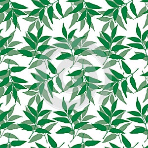 Spring vector seamless pattern with green leaf silhouettes.