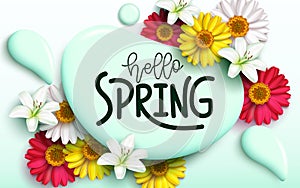 Spring vector template design. Hello spring typography text in water splash with colorful daisy and lily flowers element for bloom