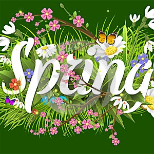 Spring vector text lettering background with flower floral green text letter ornament beautiful calligraphy flower hello