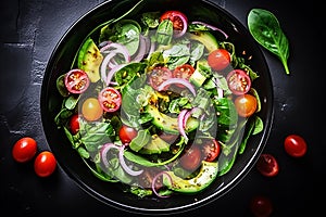 Spring vegan salad with spinach, cherry tomatoes, corn salad, baby spinach, cucumber and red onion. Healthy food concept.Top view