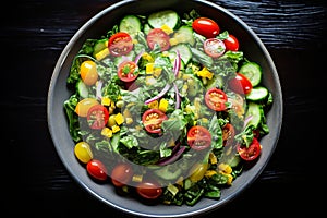 Spring vegan salad with spinach, cherry tomatoes, corn salad, baby spinach, cucumber and red onion. Healthy food concept.Top view