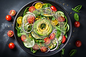 Spring vegan salad with spinach, cherry tomatoes, corn salad, baby spinach, cucumber and red onion. Healthy food concept.Top view