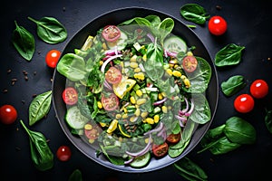 Spring vegan salad with spinach, cherry tomatoes, corn salad, baby spinach, cucumber and red onion. Healthy food concept.Top view