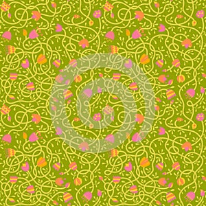 Spring vegetation seamless pattern. Vector doodle illustration with flowers for textile, fabric and background