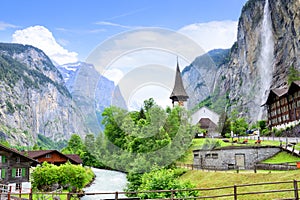 Spring view of great waterfall in Lauterbrunnen village