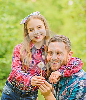 Spring village country. little girl and happy man dad. earth day. ecology. Happy family day. family summer farm