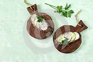 Spring vitamin toasts with cottage cheese, radish and cucumber