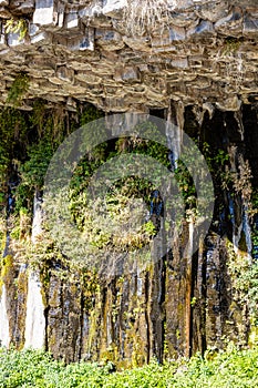 spring water flows along natural basalt columns