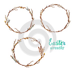 Spring watercolor decorative wreath set, isolated on white background. Tree twigs, branches, pussy willow frames for Easter