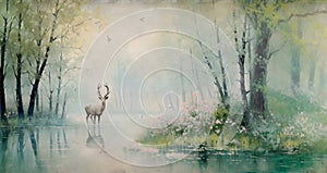 spring watercolor painting forest in autumn with trees and wildflowers with deer in lake a landscape for the interior art drawing