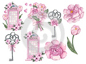 Spring watercolor set with pink flowers, key, peonies
