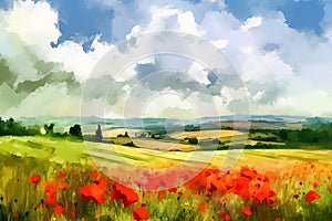 Beautiful watercolor spring landscape with blooming red poppies in green meadows with dramatic blue sky with clouds