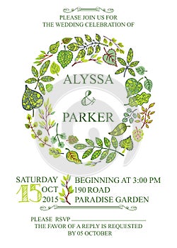 Spring wedding invitation with green leaves wreath