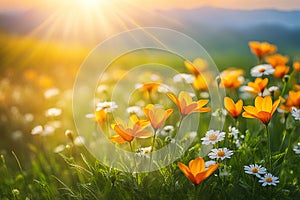 Spring wildflower field in beautiful sunlight. flowers and grass in a countryside at sunset time