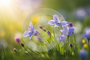 Spring wildflower field in beautiful sunlight. flowers and grass in a countryside at sunset time