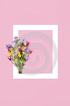 Spring Wildflower Posy Frame on Pink Background