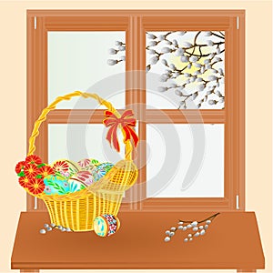 Spring window with Easter basket vector