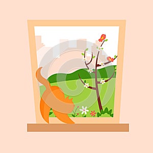 Spring window with a playful cat on the windowsill. Spring background picture. illustration.