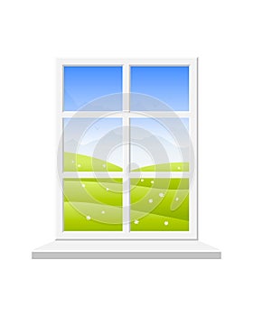 Spring window. View of the spring landscape: field with flowers, mountains and blue sky.