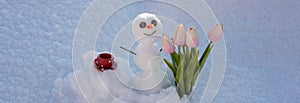 Spring or winter seasons banner. Bye winter Hello spring. Snowman with coffee cup. Snow man with flowers.