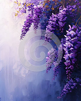 Spring wisteria blooming flowers in sunset garden. Purple japanese wisteria sinensis branch