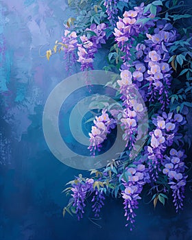 Spring wisteria blooming flowers in sunset garden. Purple japanese wisteria sinensis branch