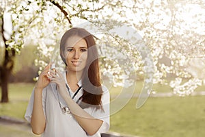 Spring Woman Doctor Smiling and Holding Respiratory Spray