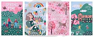 Spring woman. Flower book cover with nature pastel air landscape, fresh girl face paint drawing, Family walking in