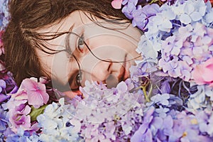 Spring woman with hydrangea flowers. Makeup cosmetics and skincare. Summer beauty. Fashion portrait of woman. Healthy